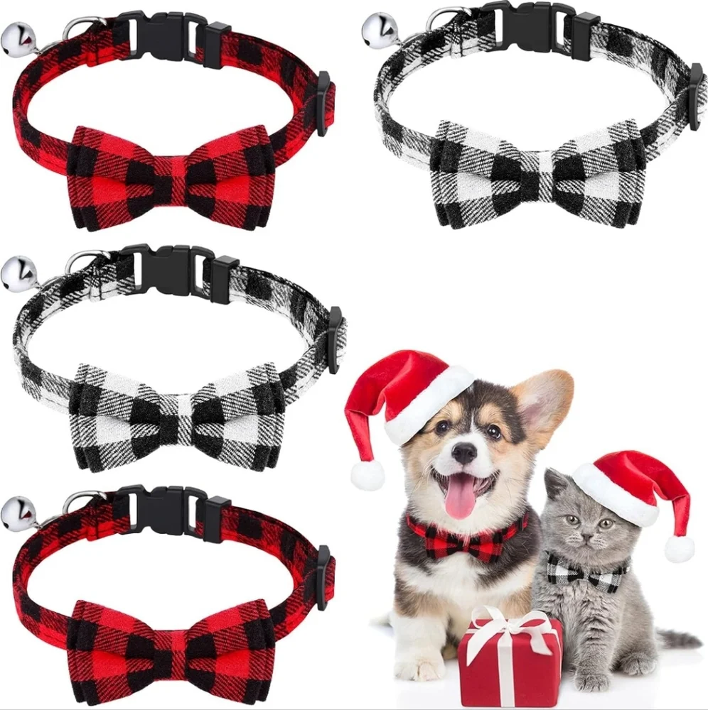 Plaid Black and White Cat Collar with Bell